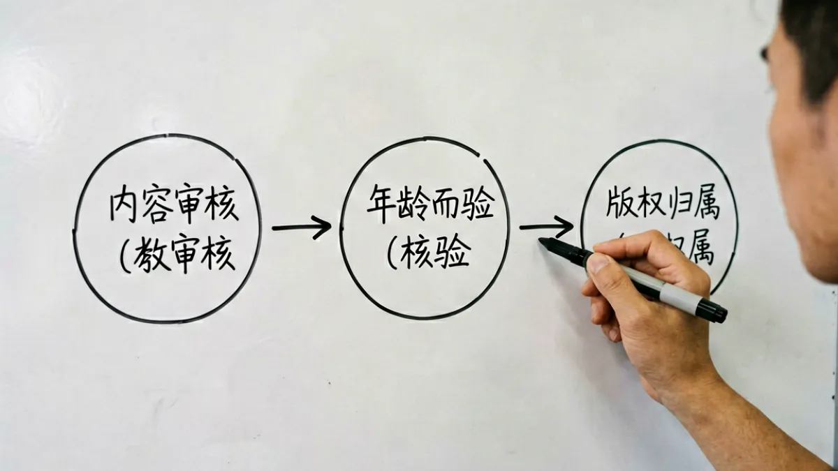 色情网站合规化流程图，展示内容审核、年龄核验与版权归属三大核心环节的关系