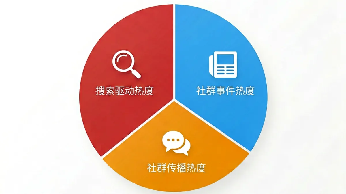 色情网站 - 搜索热度来源三维拆解示意图，用饼图分别展示搜索驱动、社群传播和媒体事件三类热度来源的占比